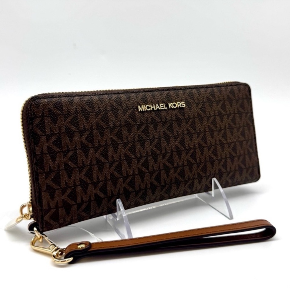 Michael Kors Large Jet Set Travel Signature Continental Wallet Wristlet Brown - Picture 3 of 8